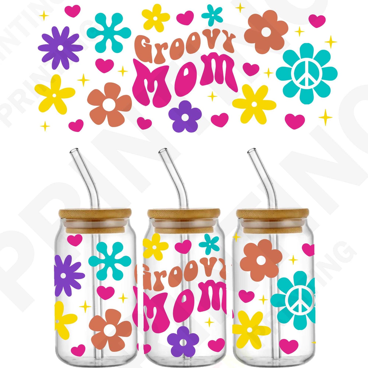 Mother's Day Groovy Mom For 16 oz Glass Cups Sticker