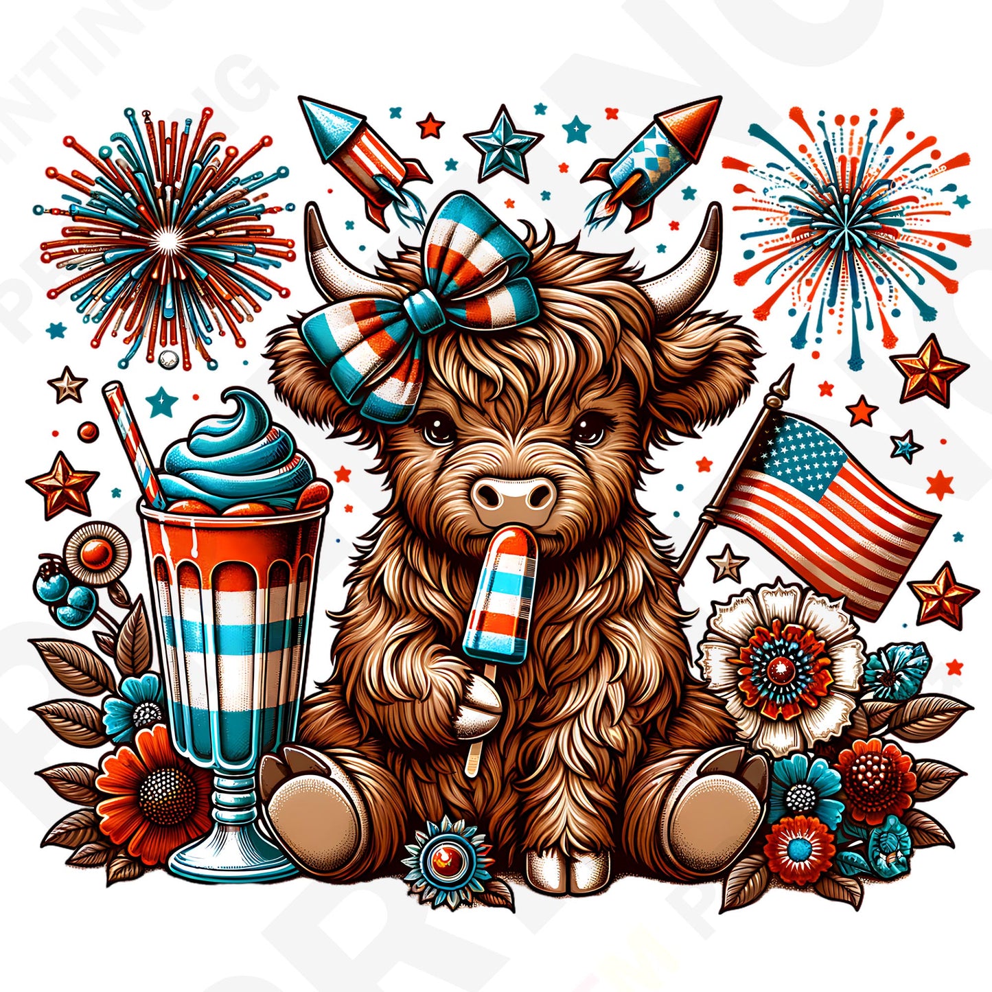 4th Of July Highland Cow Coquette Retro Iron On Ready To Press DTF Transfer Film