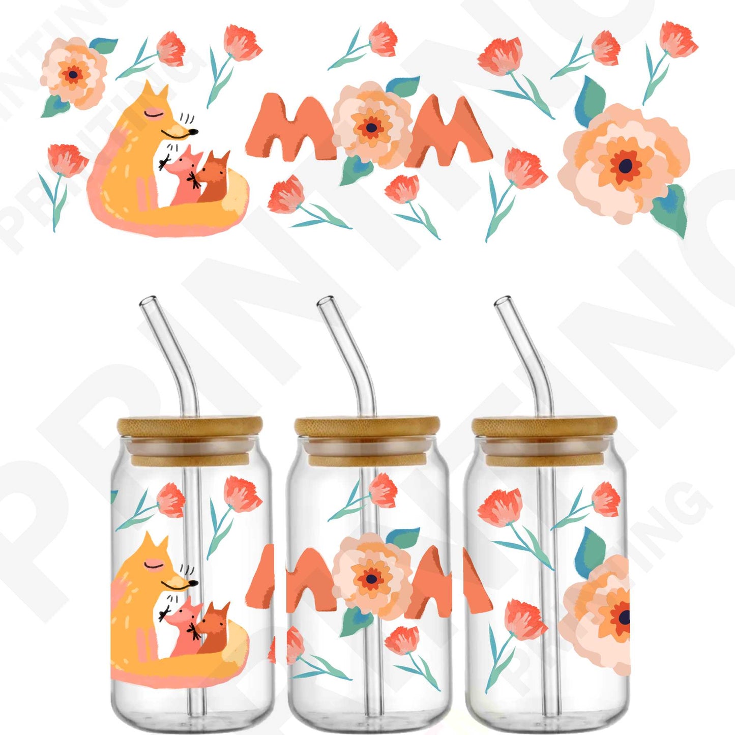 Happy Mother's Day, Fox & Flower For 16 oz Glass Cups Sticker
